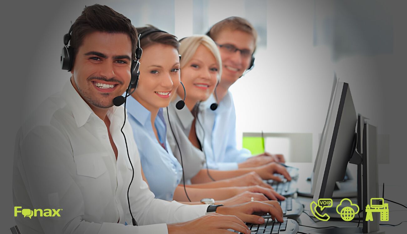 Customer service representatives wearing headsets and working on computers, with the Fonax logo and icons representing VOIP technology, global connectivity, and computer networking visible.